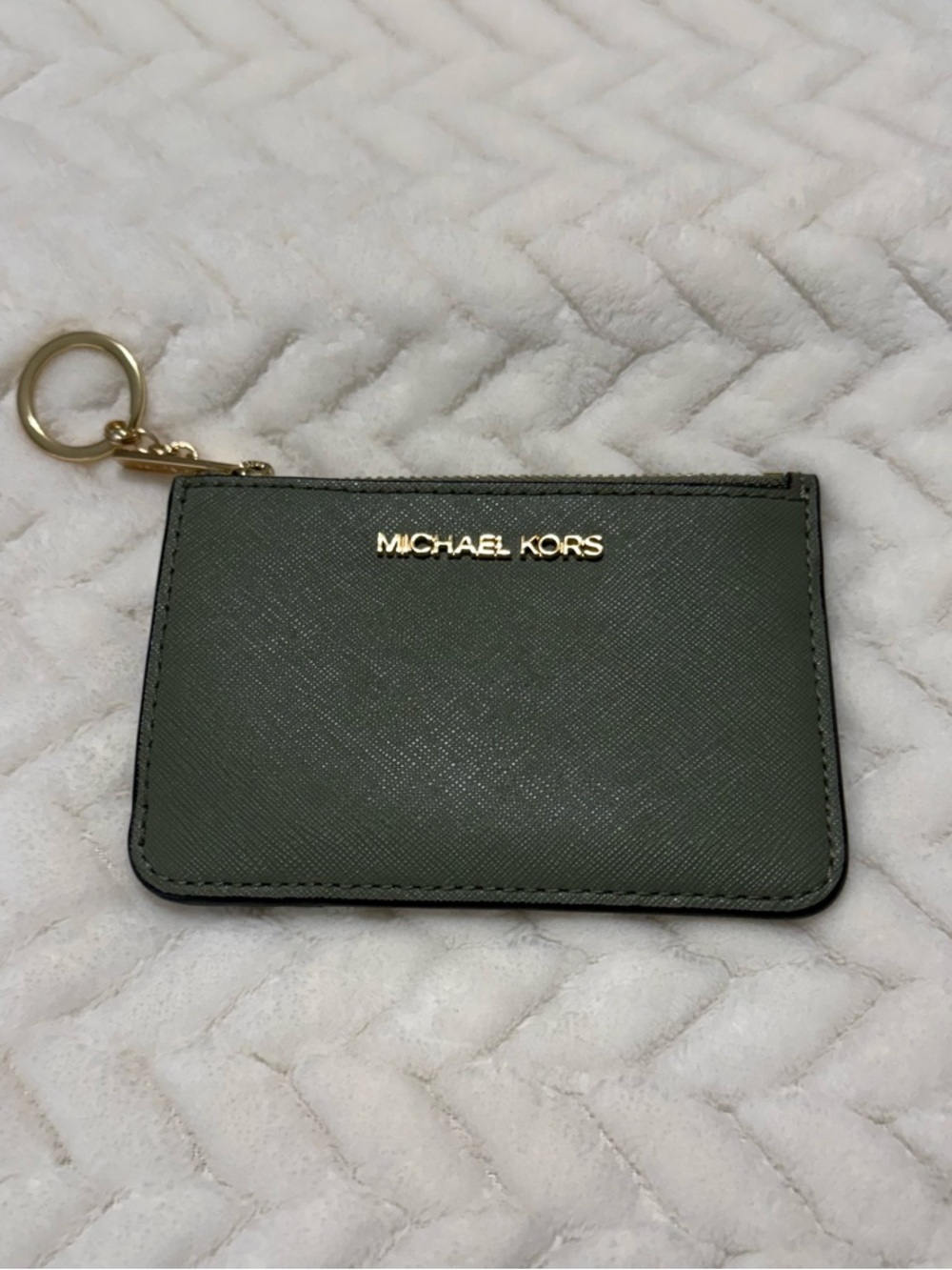 Michael Kors Olive Green Saffiano Leather Card Case with Key Ring